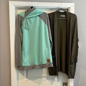 Mint Green and Gray Hoodie with Olive Cardigan